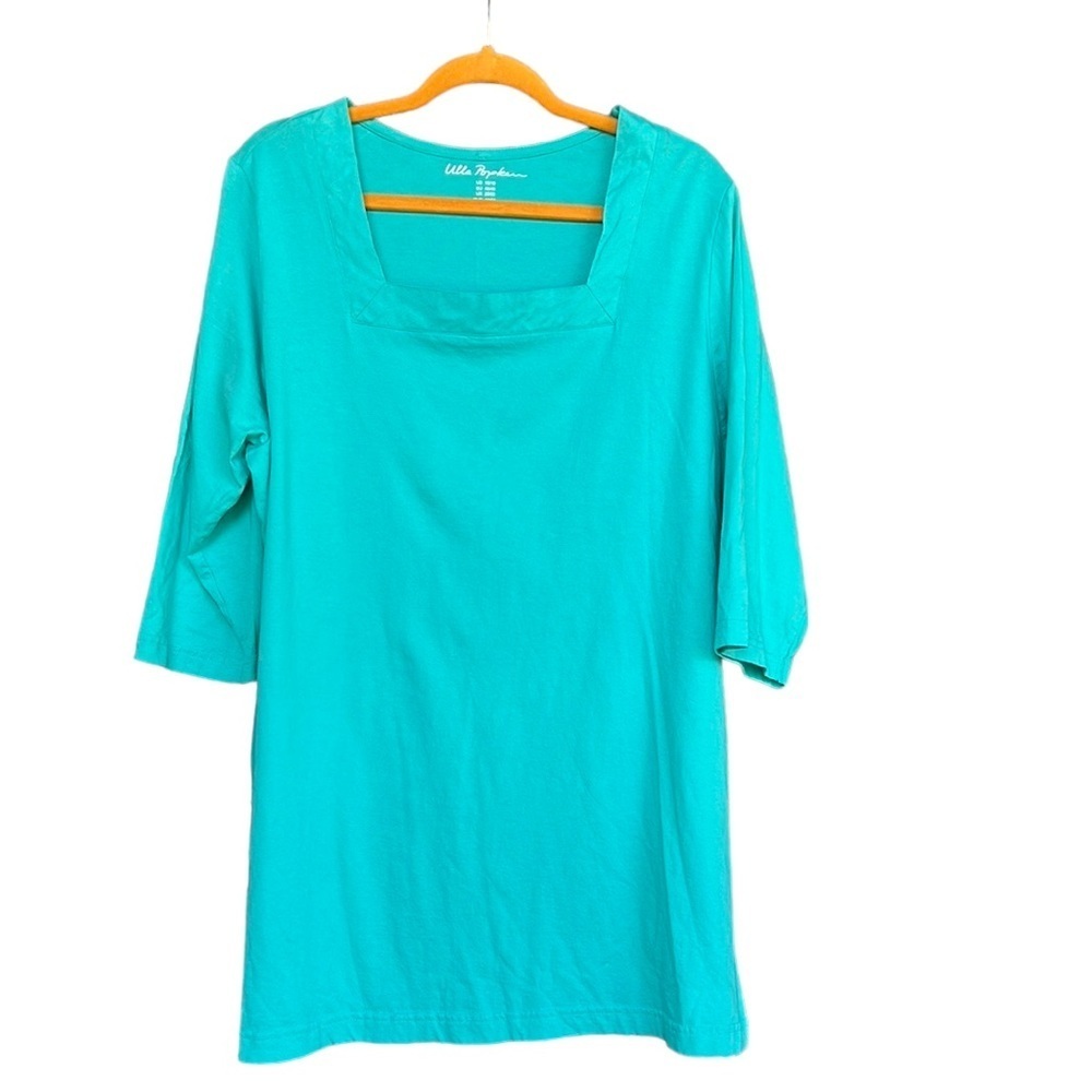 Ulla Popken Women’s 100% Cotton Turquoise 3/4 Sleeve Long Line Blouse
